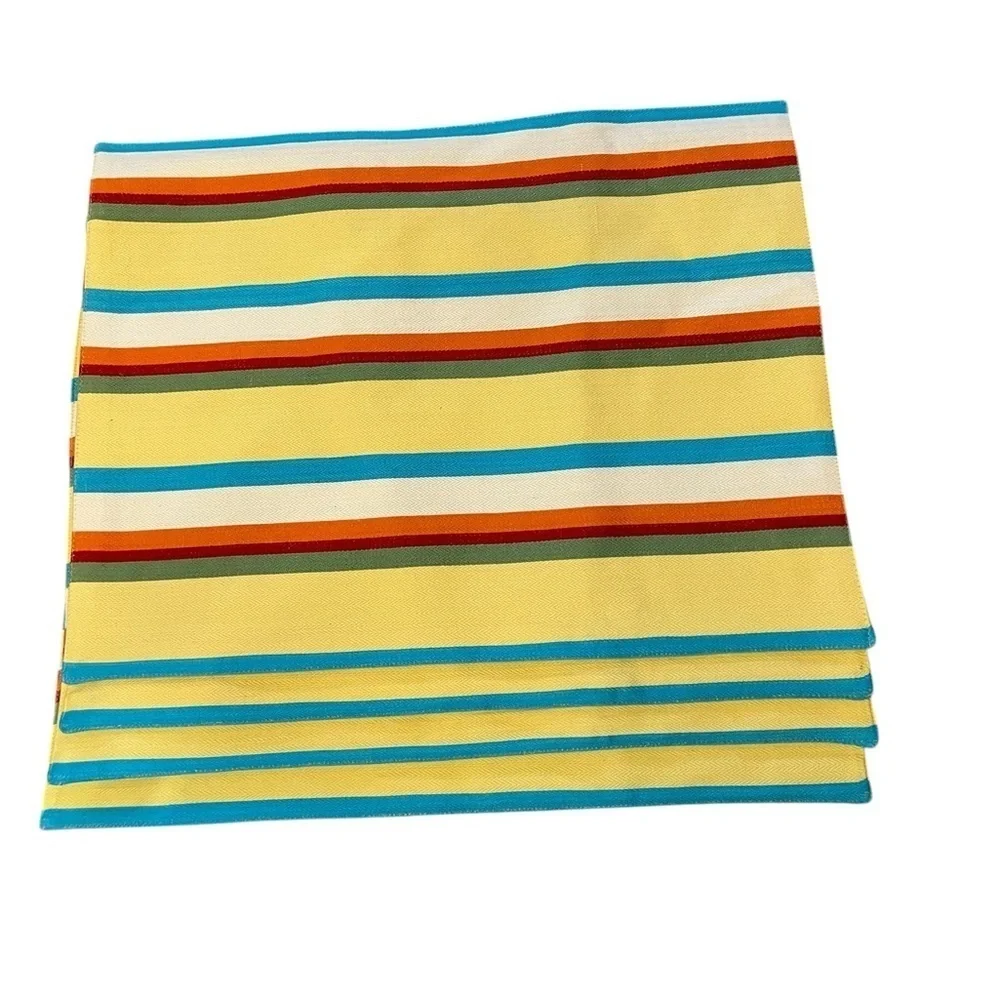 NEW TAG LTD Set of 4 Yellow/Turquoise Striped Cotton LARGE Placemats & Napkins